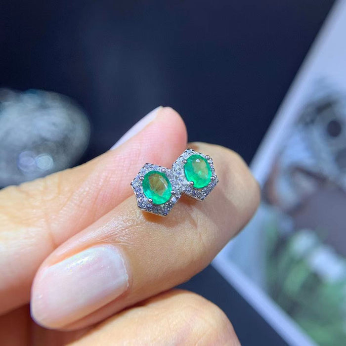 Natural Emerald Stud Earrings For Women Colored Gems Jewelry 925 Silver