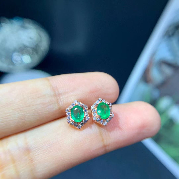 Natural Emerald Stud Earrings For Women Colored Gems Jewelry 925 Silver